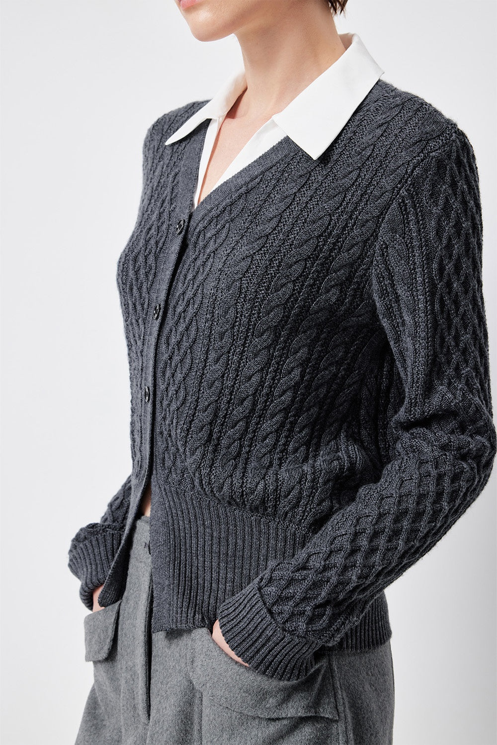 MARYLING Ash Grey Layered-Collar Cable Knit Sweaters