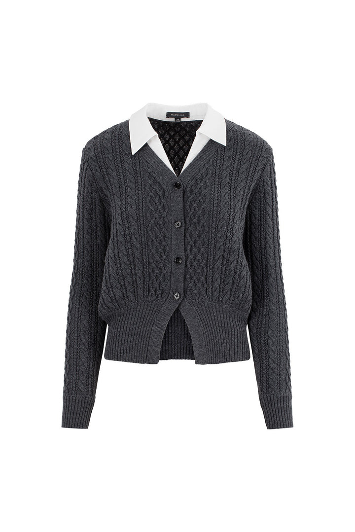 MARYLING Ash Grey Layered-Collar Cable Knit Sweaters