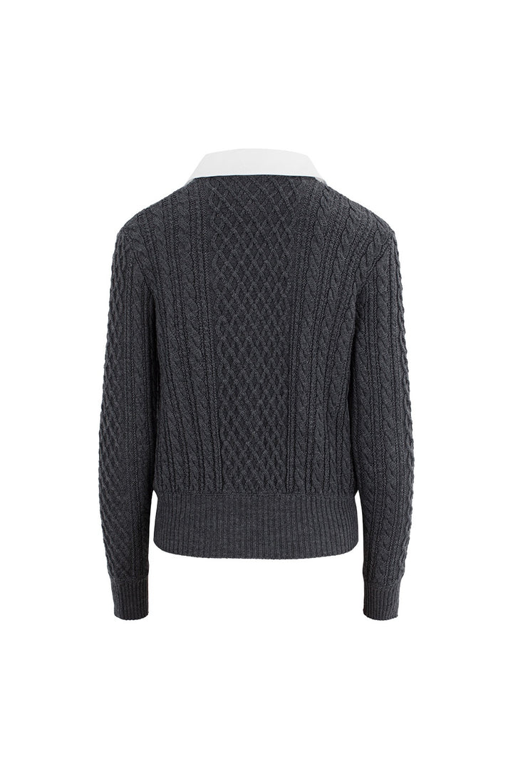MARYLING Ash Grey Layered-Collar Cable Knit Sweaters