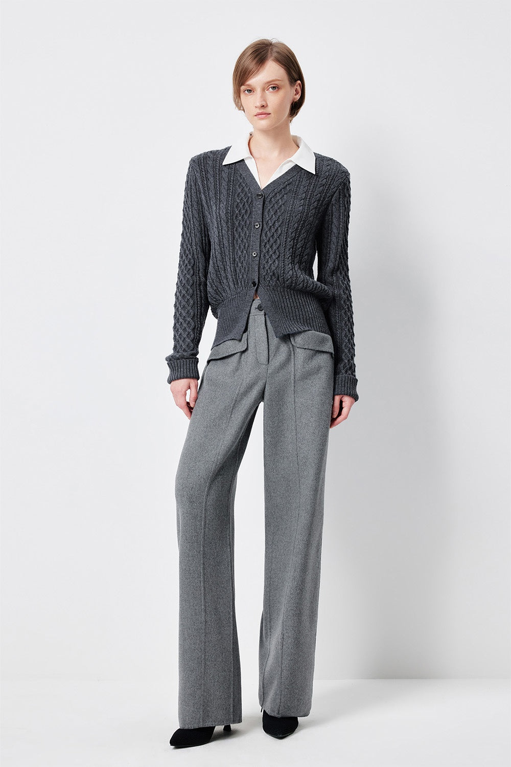 MARYLING Ash Grey Layered-Collar Cable Knit Sweaters