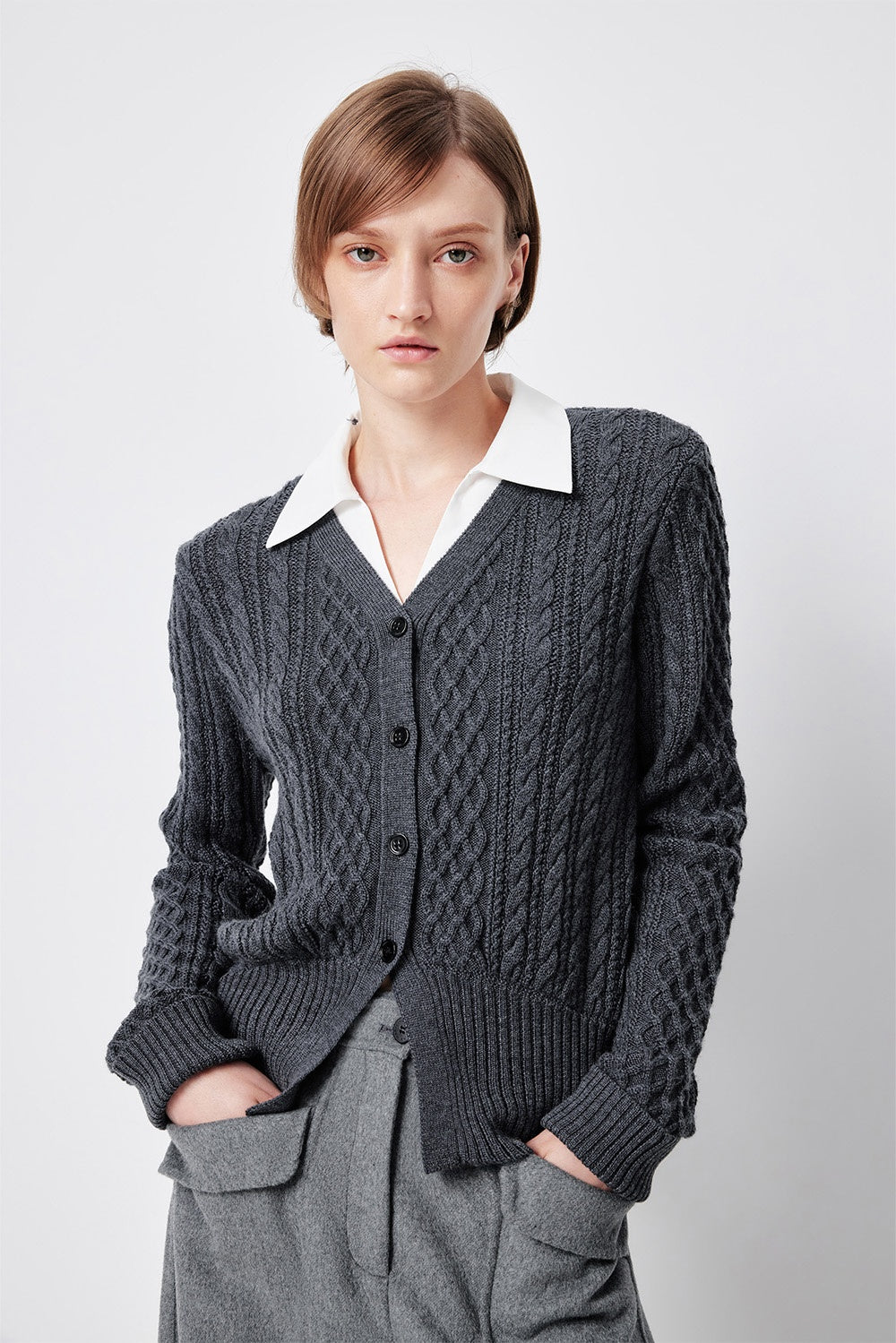 MARYLING Ash Grey Layered-Collar Cable Knit Sweaters