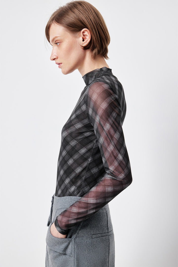 MARYLING Charcoal Houndstooth Long-Sleeve Sculpted Mock-Neck Blouses