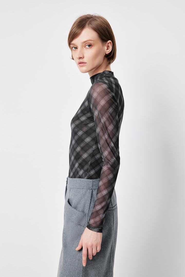 MARYLING Charcoal Houndstooth Long-Sleeve Sculpted Mock-Neck Blouses