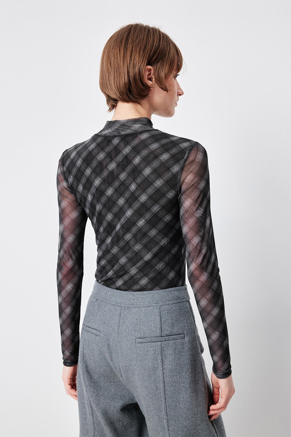 MARYLING Charcoal Houndstooth Long-Sleeve Sculpted Mock-Neck Blouses