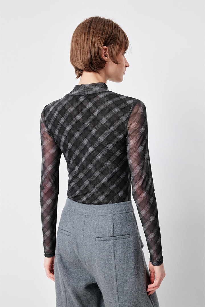 MARYLING Charcoal Houndstooth Long-Sleeve Sculpted Mock-Neck Blouses