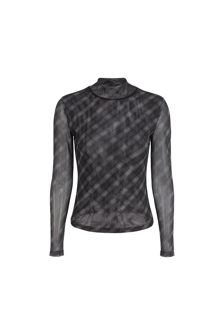 MARYLING Charcoal Houndstooth Long-Sleeve Sculpted Mock-Neck Blouses