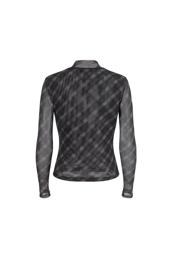 MARYLING Charcoal Houndstooth Long-Sleeve Sculpted Mock-Neck Blouses