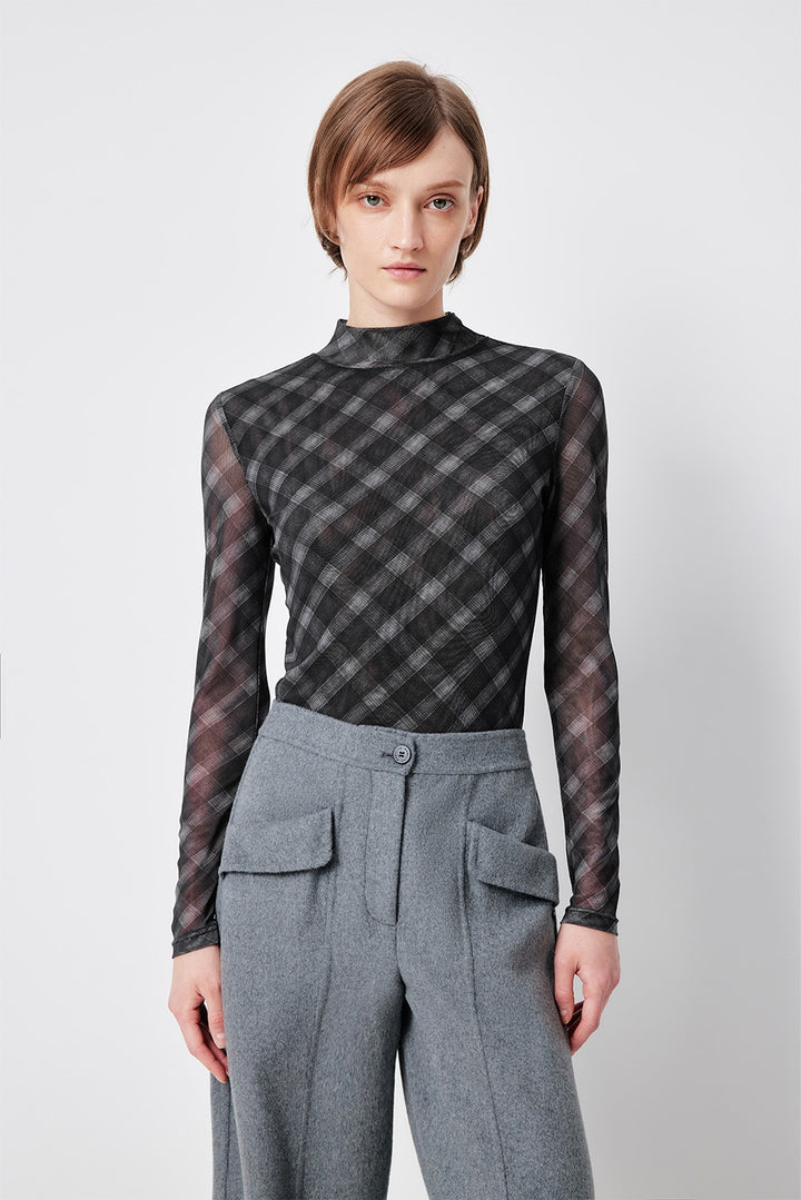 MARYLING Charcoal Houndstooth Long-Sleeve Sculpted Mock-Neck Blouses