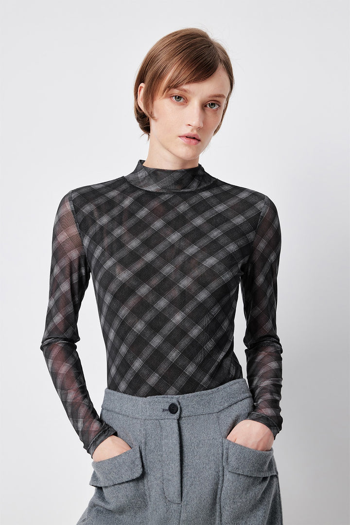 MARYLING Charcoal Houndstooth Long-Sleeve Sculpted Mock-Neck Blouses
