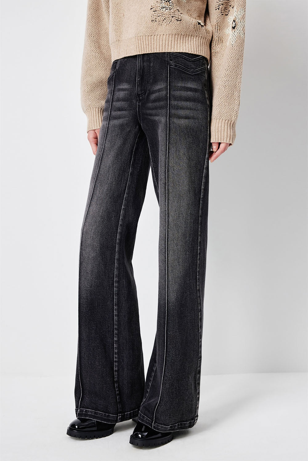 MARYLING Noir Washed Sculpted High-Waisted Straight-Leg Tailored Trousers