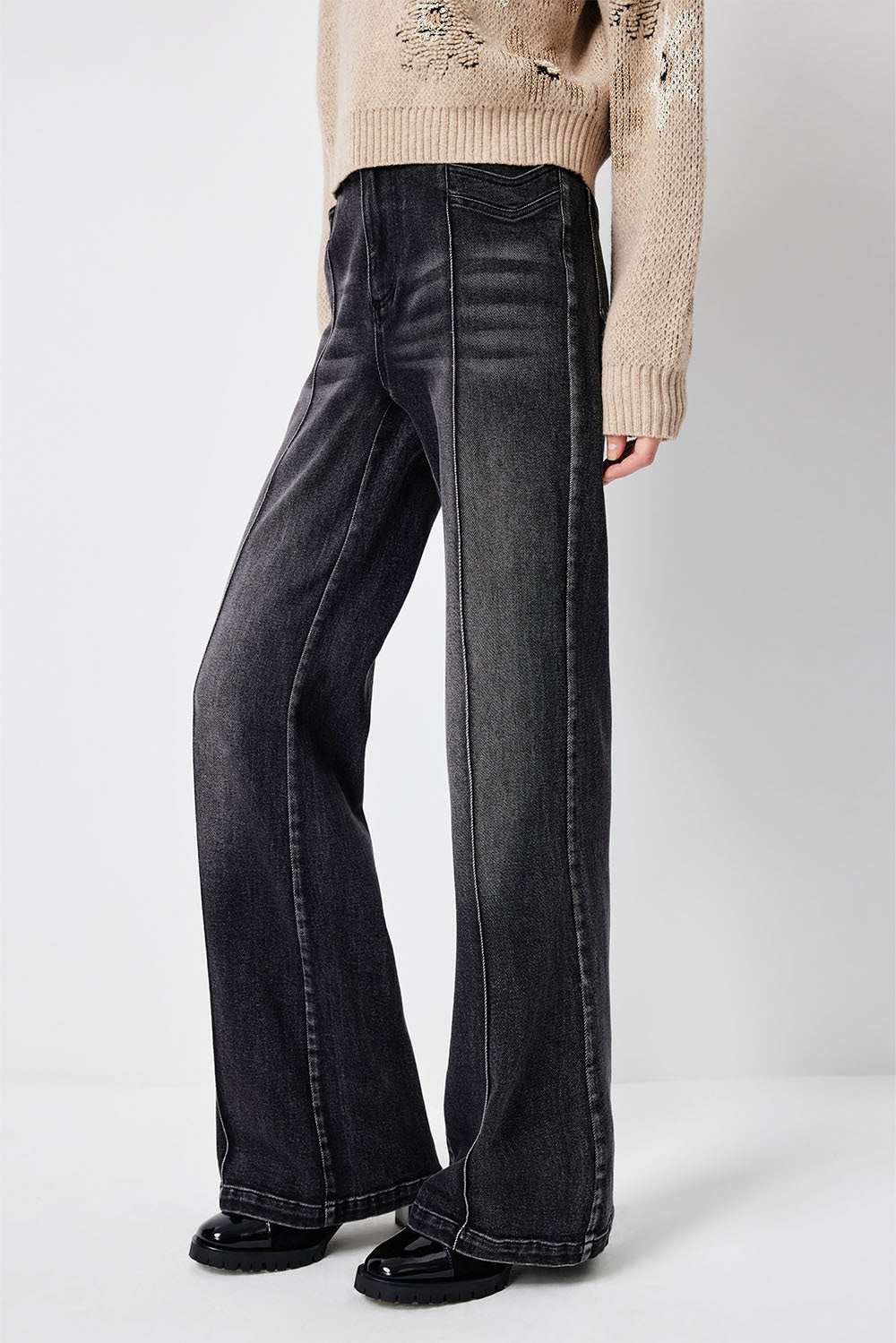 MARYLING Noir Washed Sculpted High-Waisted Straight-Leg Tailored Trousers