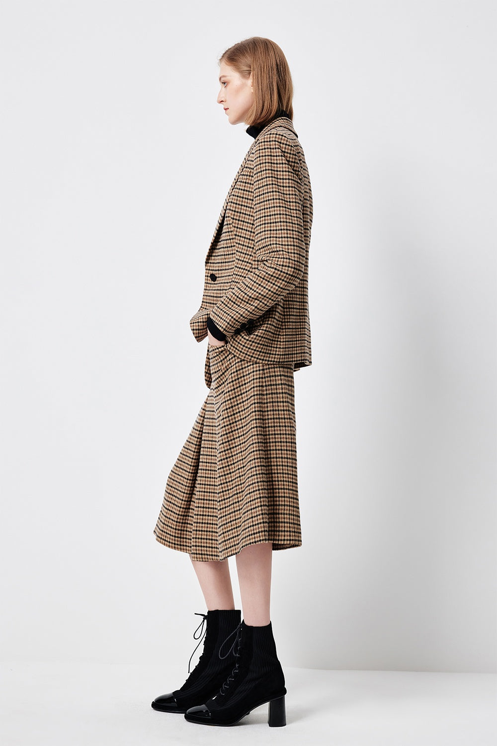 MARYLING Caramel Glen Plaid Timeless Elegance Tailored A-Line Midi Skirts