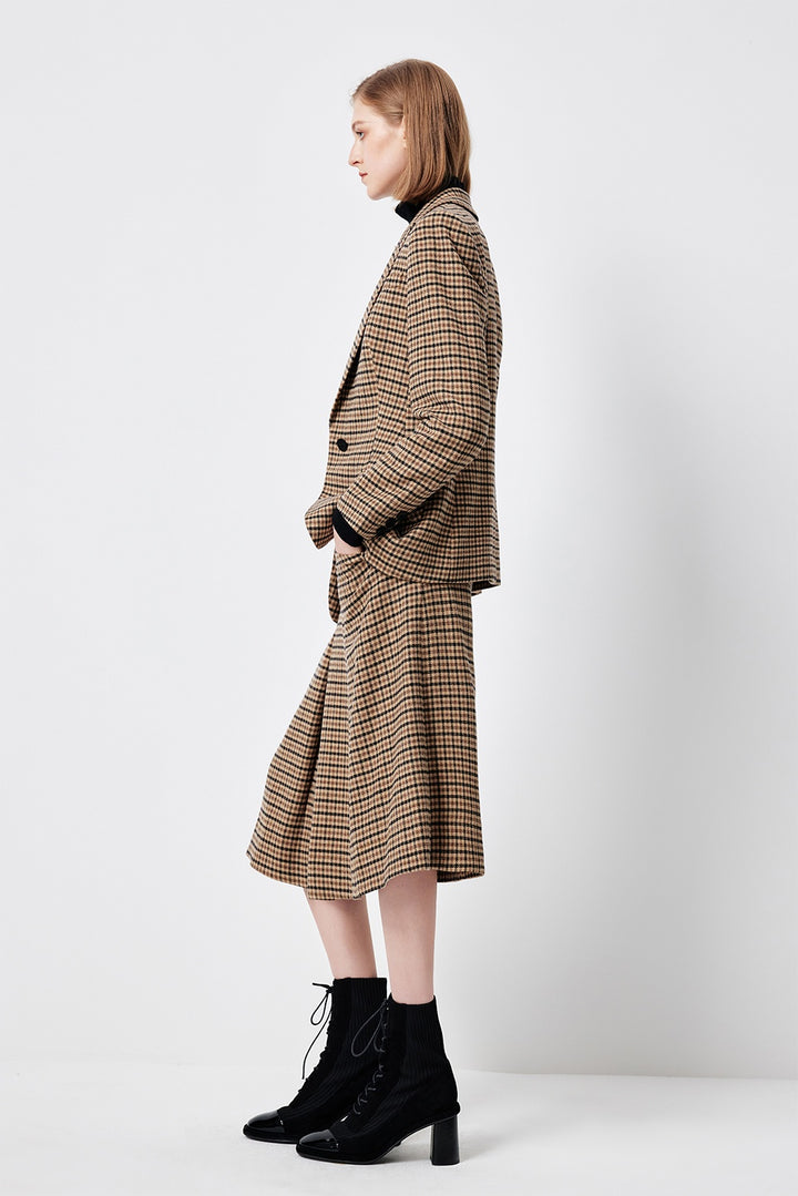 MARYLING Caramel Glen Plaid Timeless Elegance Tailored A-Line Midi Skirts
