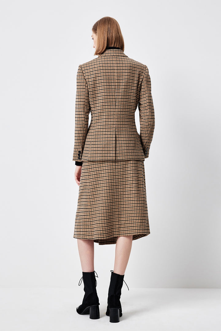 MARYLING Caramel Glen Plaid Timeless Elegance Tailored A-Line Midi Skirts