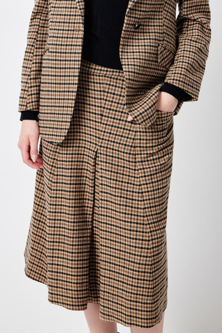 MARYLING Caramel Glen Plaid Timeless Elegance Tailored A-Line Midi Skirts