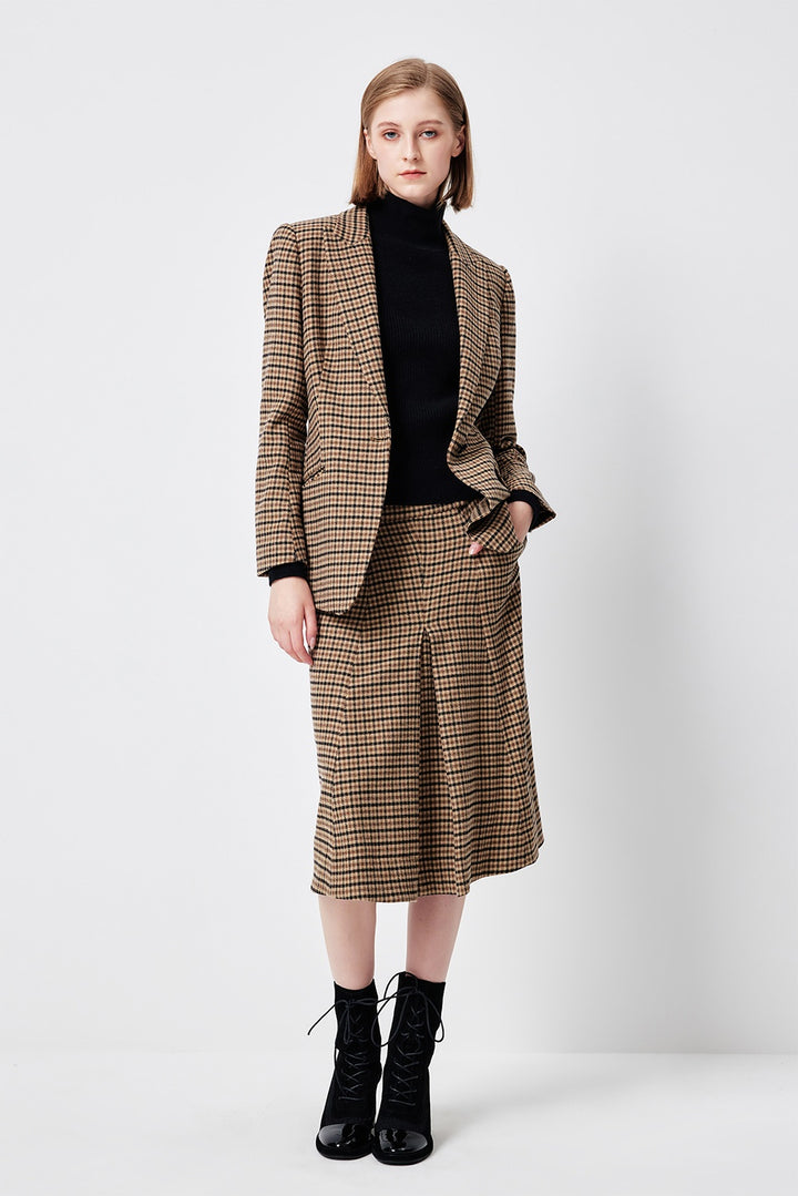 MARYLING Caramel Glen Plaid Timeless Elegance Tailored A-Line Midi Skirts