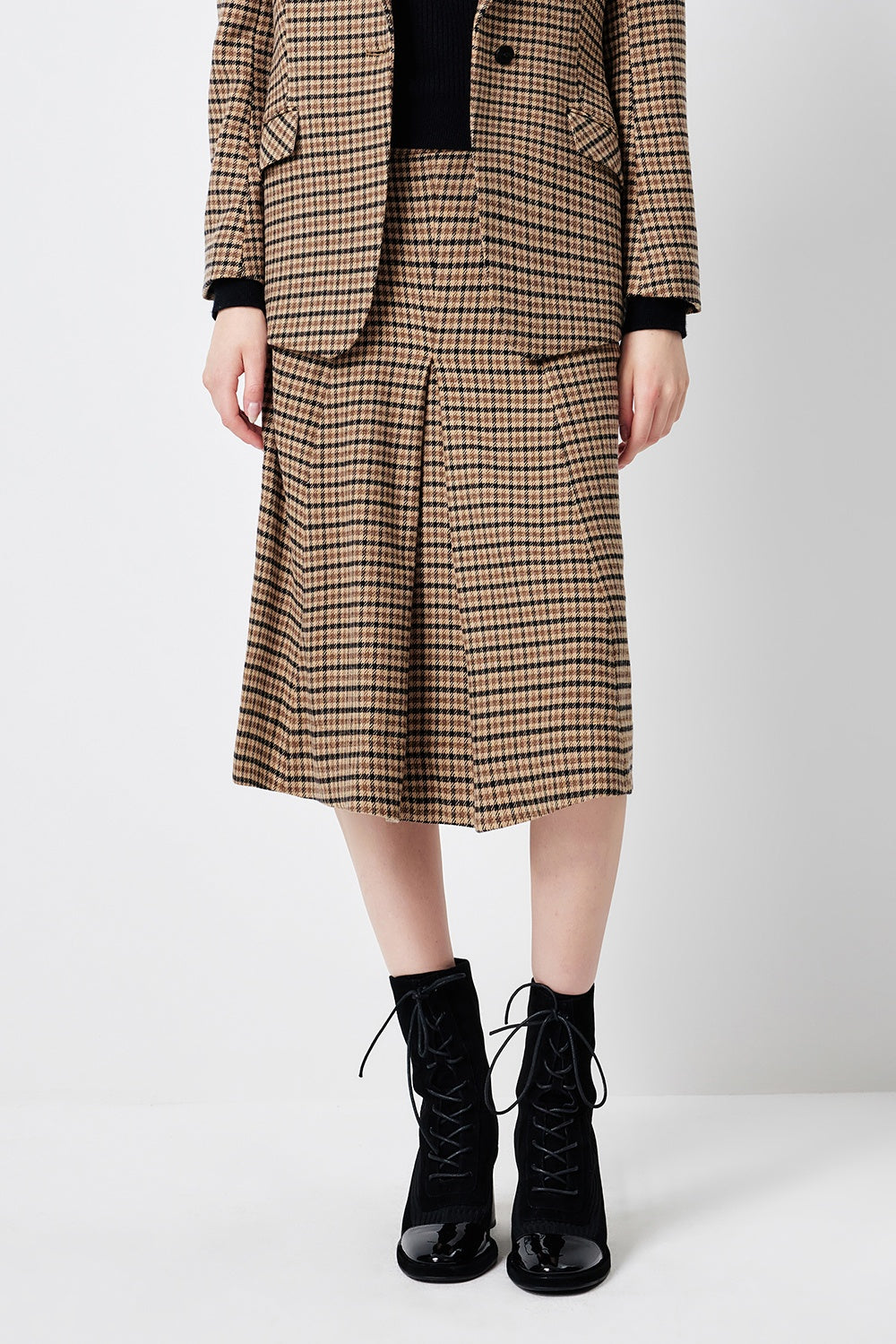 MARYLING Caramel Glen Plaid Timeless Elegance Tailored A-Line Midi Skirts