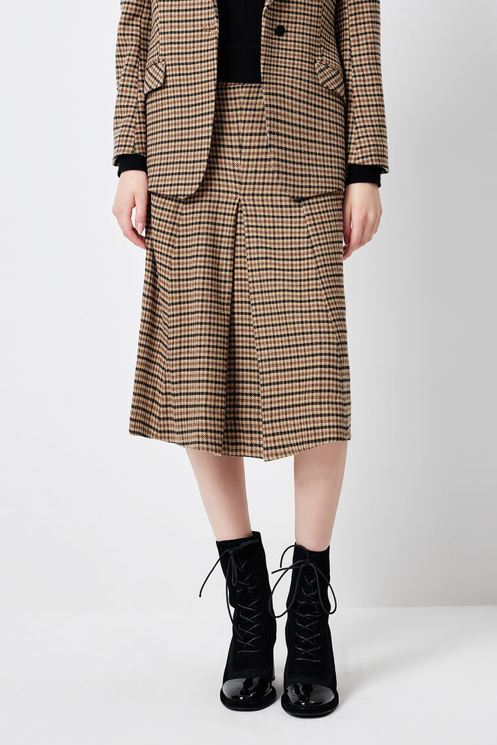 MARYLING Caramel Glen Plaid Timeless Elegance Tailored A-Line Midi Skirts