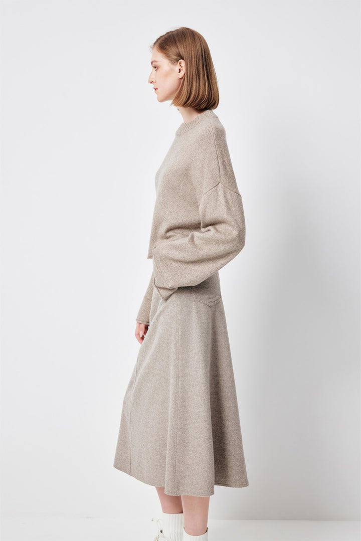 MARYLING Oatmeal Timeless Elegance Sculpted High-Waisted A-Line Midi Skirts