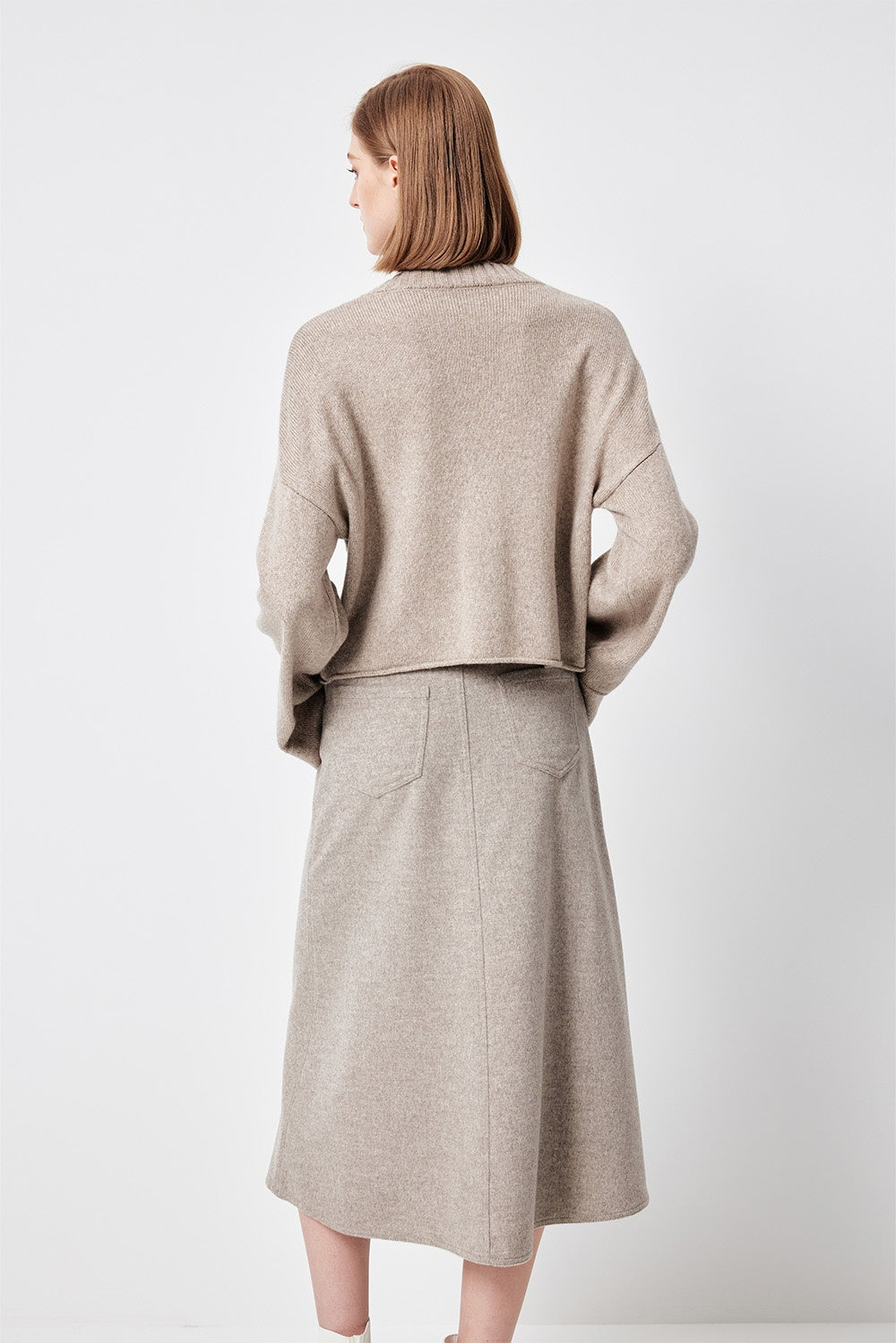 MARYLING Oatmeal Timeless Elegance Sculpted High-Waisted A-Line Midi Skirts