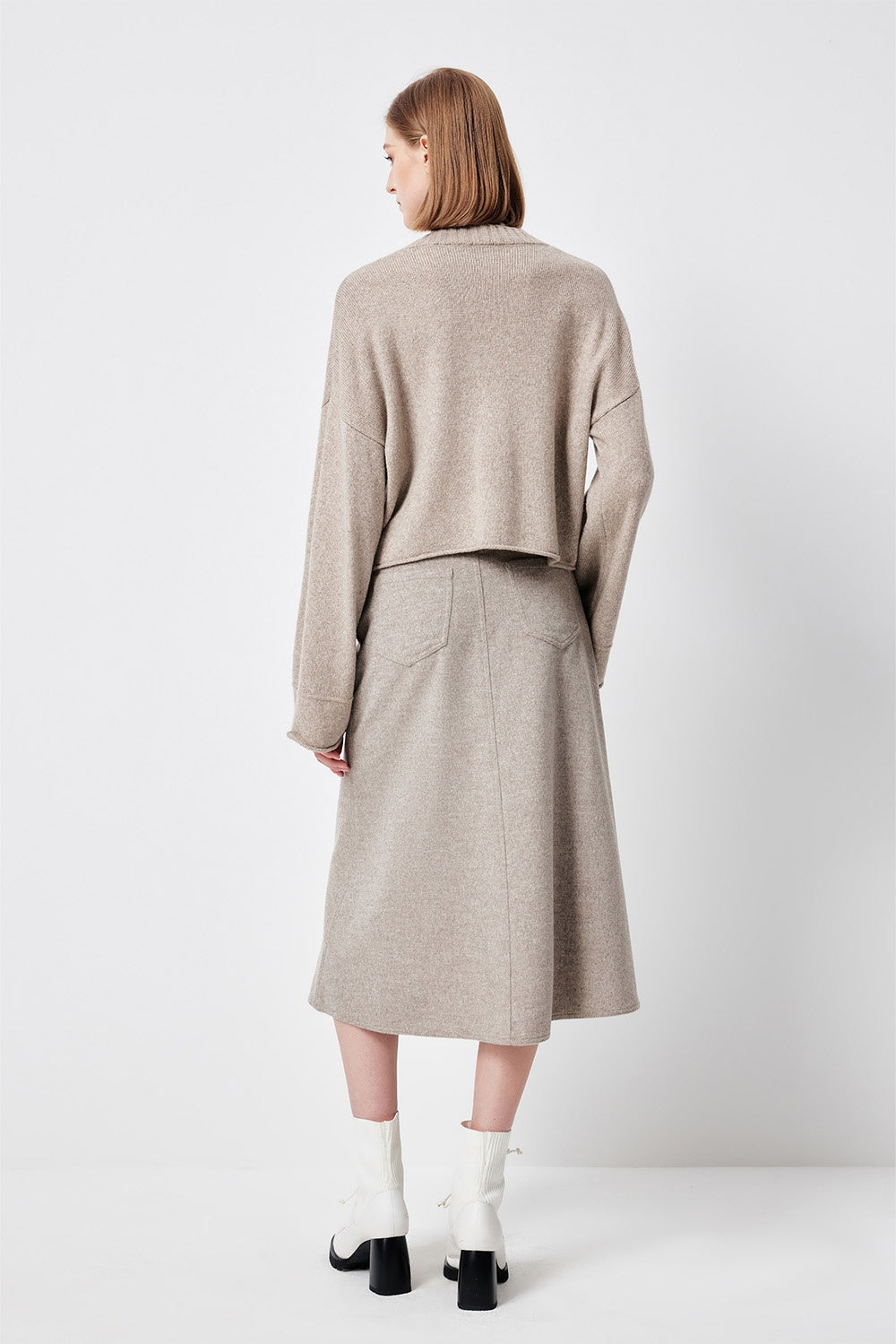 MARYLING Oatmeal Timeless Elegance Sculpted High-Waisted A-Line Midi Skirts