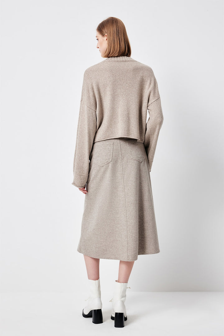 MARYLING Oatmeal Timeless Elegance Sculpted High-Waisted A-Line Midi Skirts