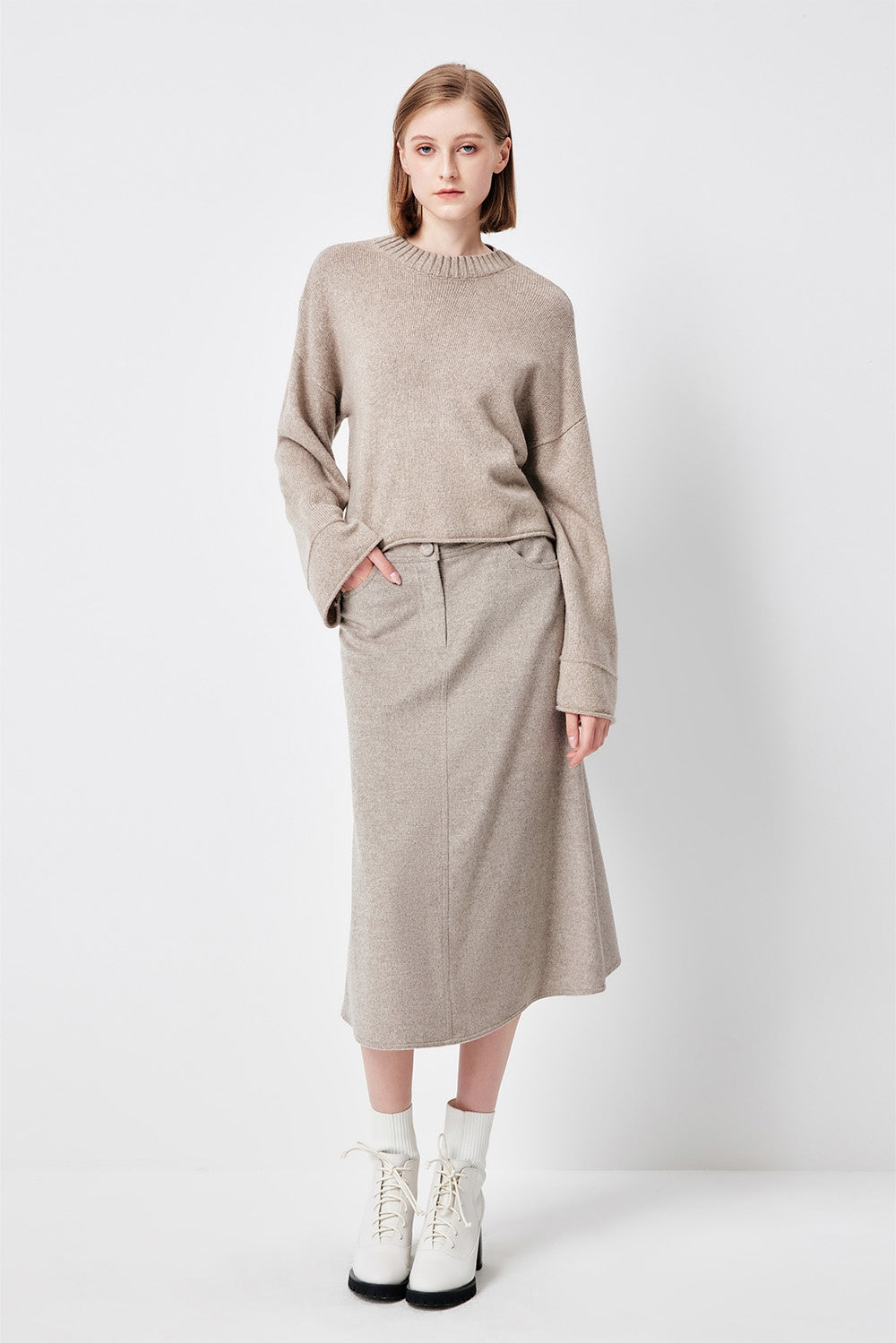 MARYLING Oatmeal Timeless Elegance Sculpted High-Waisted A-Line Midi Skirts