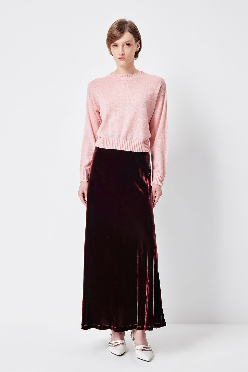 MARYLING Burgundy Whisper Softly Draped Waist-Defined A-Line Midi Skirts