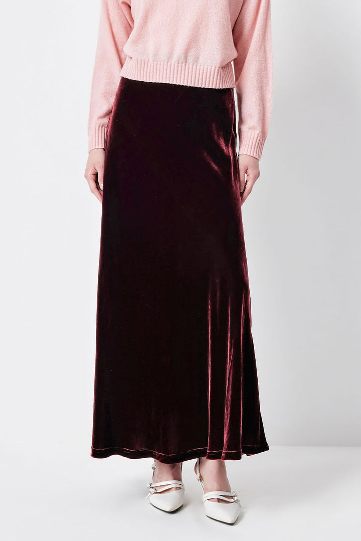 MARYLING Burgundy Whisper Softly Draped Waist-Defined A-Line Midi Skirts