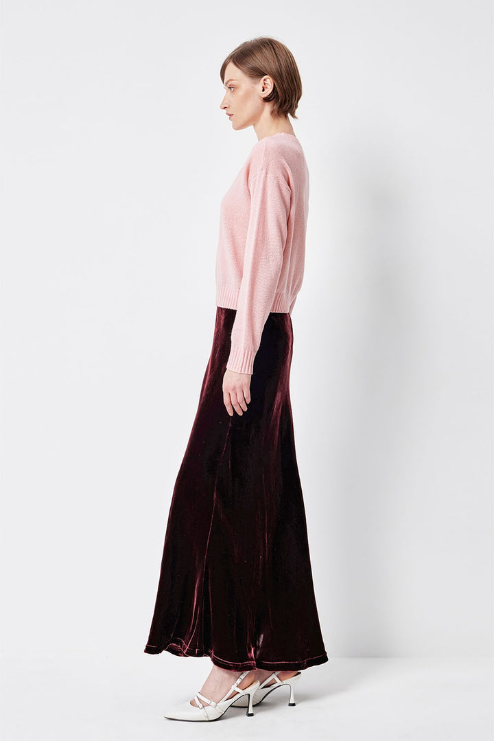 MARYLING Burgundy Whisper Softly Draped Waist-Defined A-Line Midi Skirts
