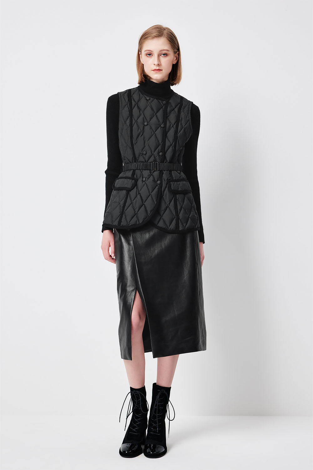 MARYLING Noir Diamond-Quilted Cinched-Waist Lightweight Puffer Jackets