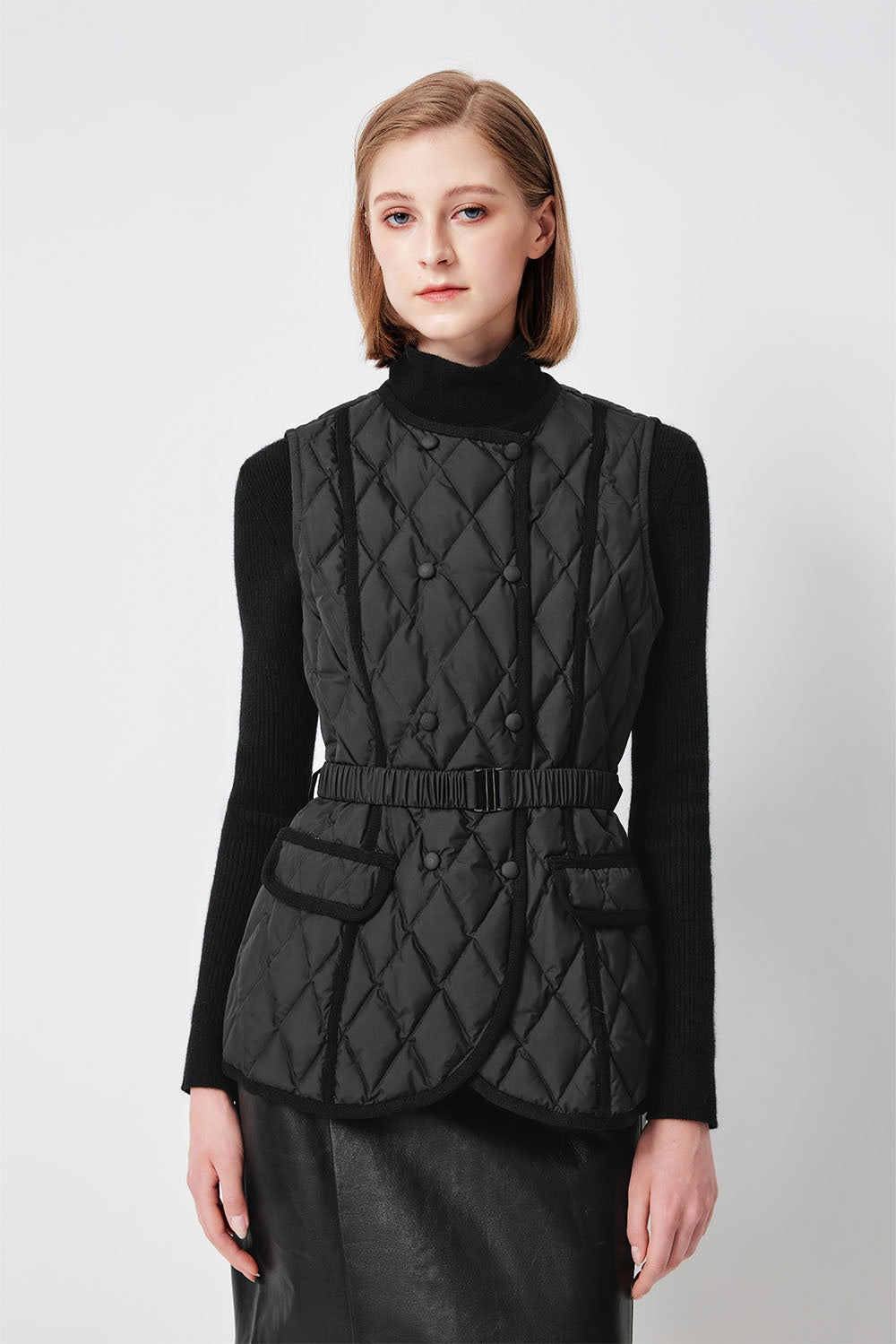 MARYLING Noir Diamond-Quilted Cinched-Waist Lightweight Puffer Jackets