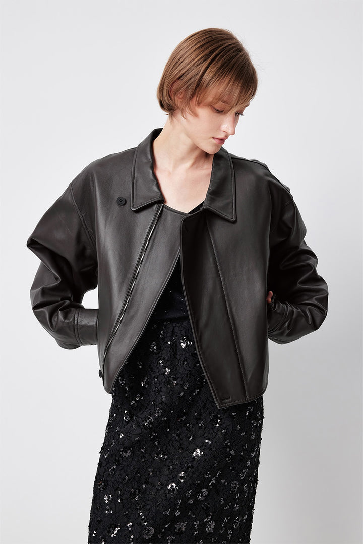MARYLING Dark Grey Sculpted Cropped Leather Biker Jackets