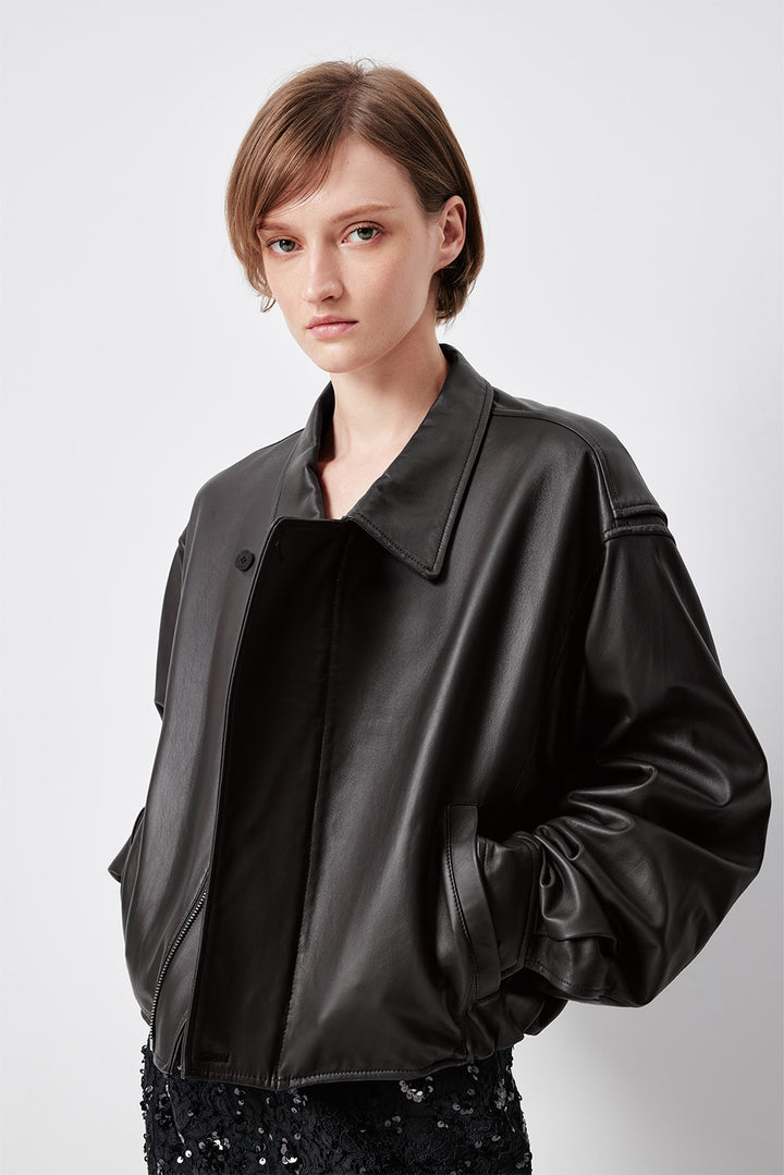MARYLING Dark Grey Sculpted Cropped Leather Biker Jackets