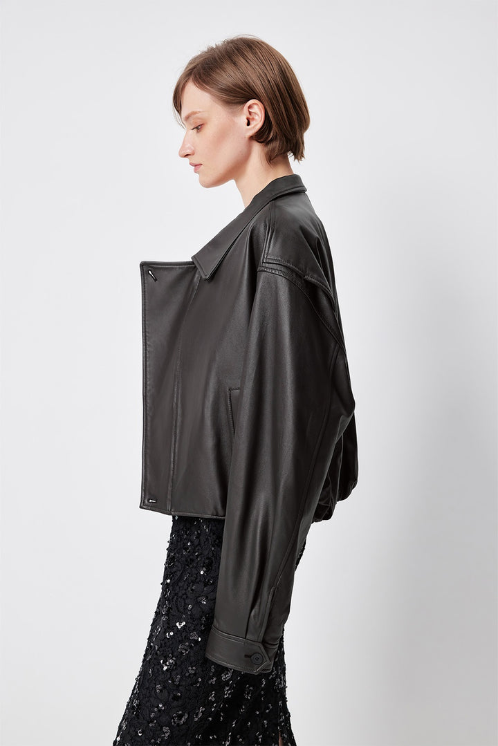 MARYLING Dark Grey Sculpted Cropped Leather Biker Jackets