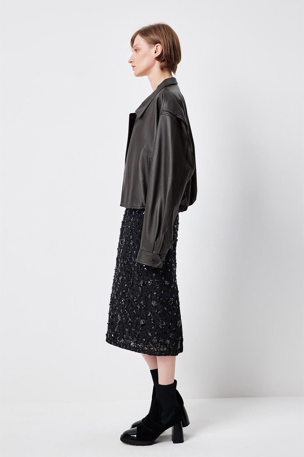 MARYLING Dark Grey Sculpted Cropped Leather Biker Jackets