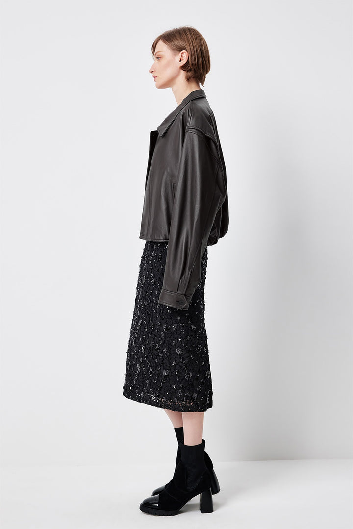 MARYLING Dark Grey Sculpted Cropped Leather Biker Jackets