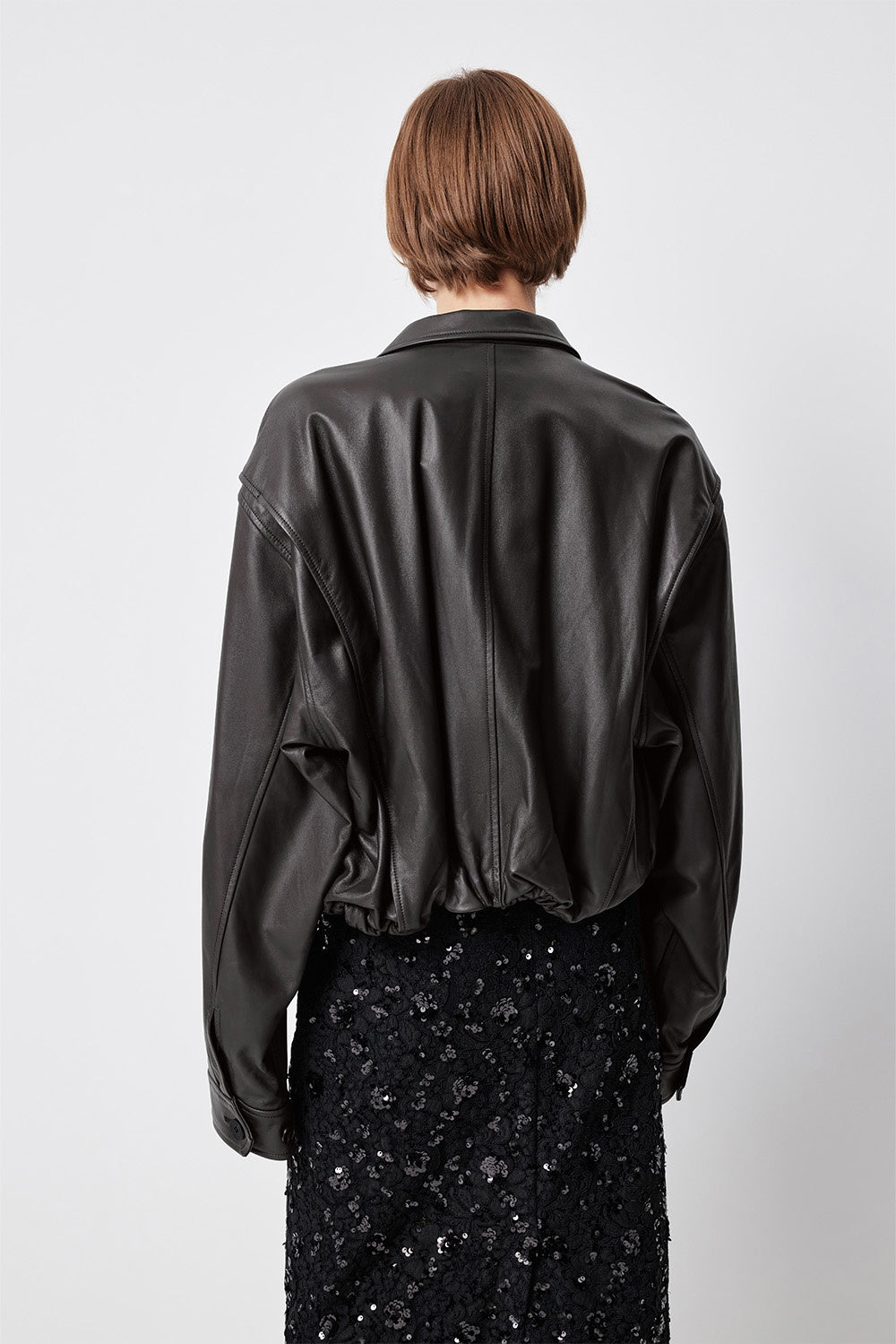 MARYLING Dark Grey Sculpted Cropped Leather Biker Jackets