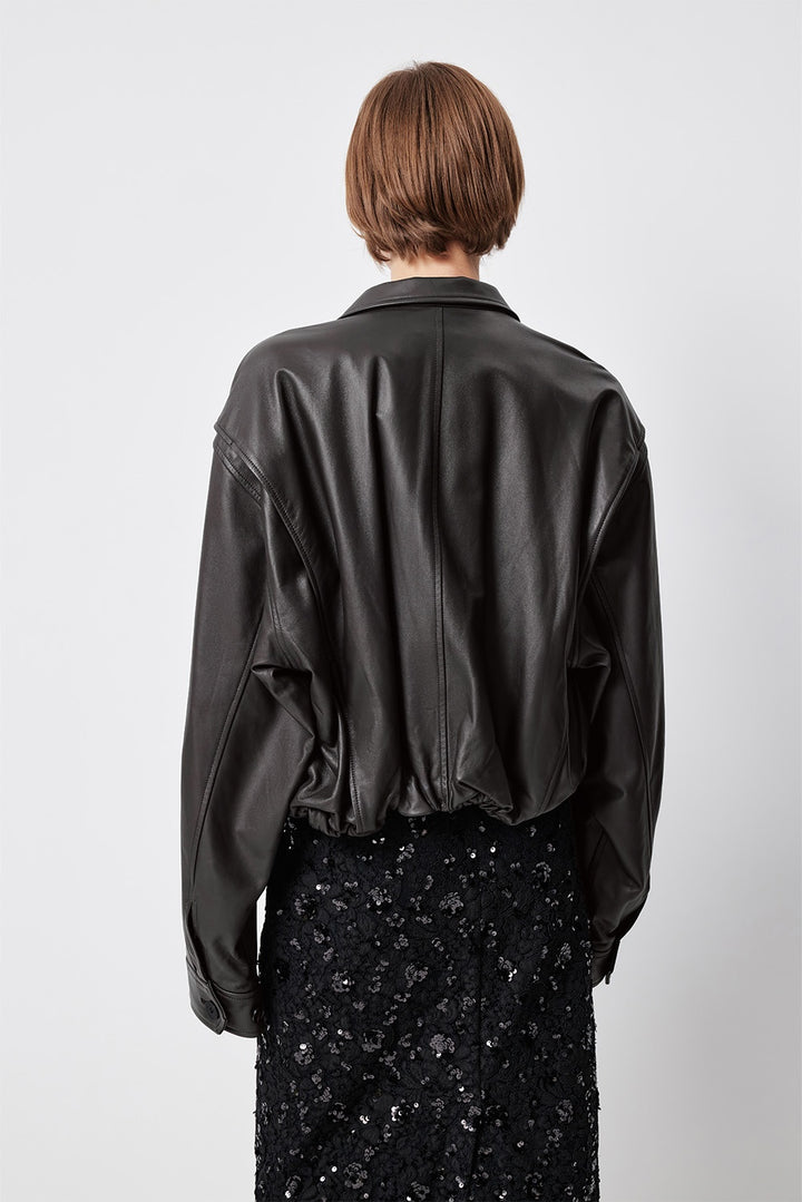 MARYLING Dark Grey Sculpted Cropped Leather Biker Jackets
