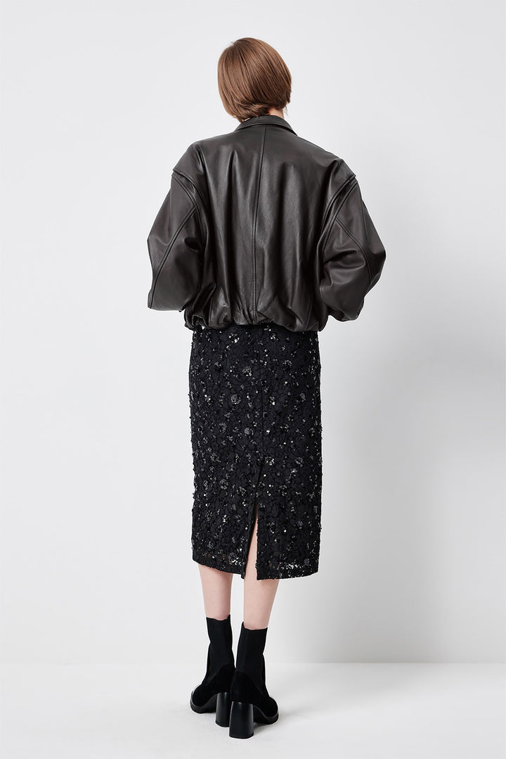 MARYLING Dark Grey Sculpted Cropped Leather Biker Jackets