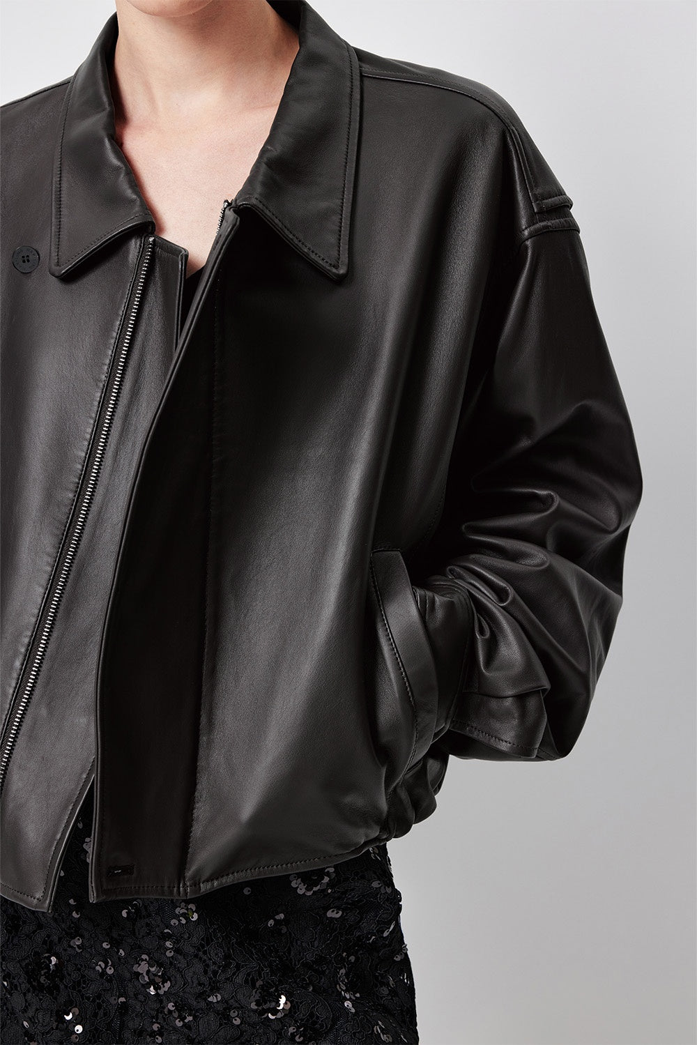 MARYLING Dark Grey Sculpted Cropped Leather Biker Jackets