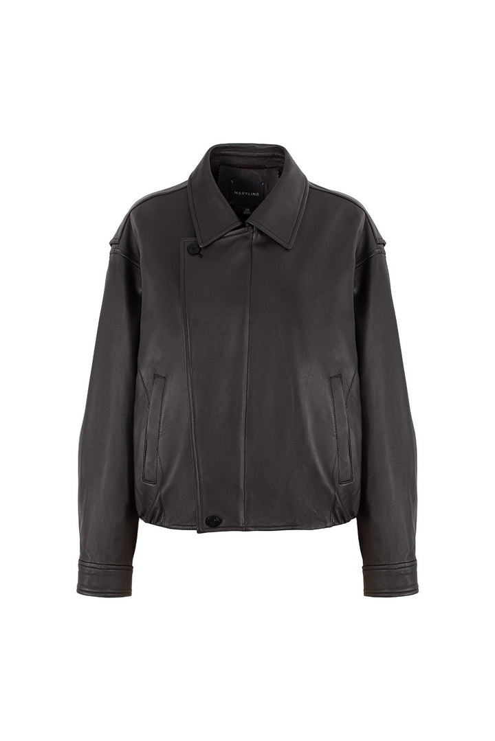 MARYLING Dark Grey Sculpted Cropped Leather Biker Jackets