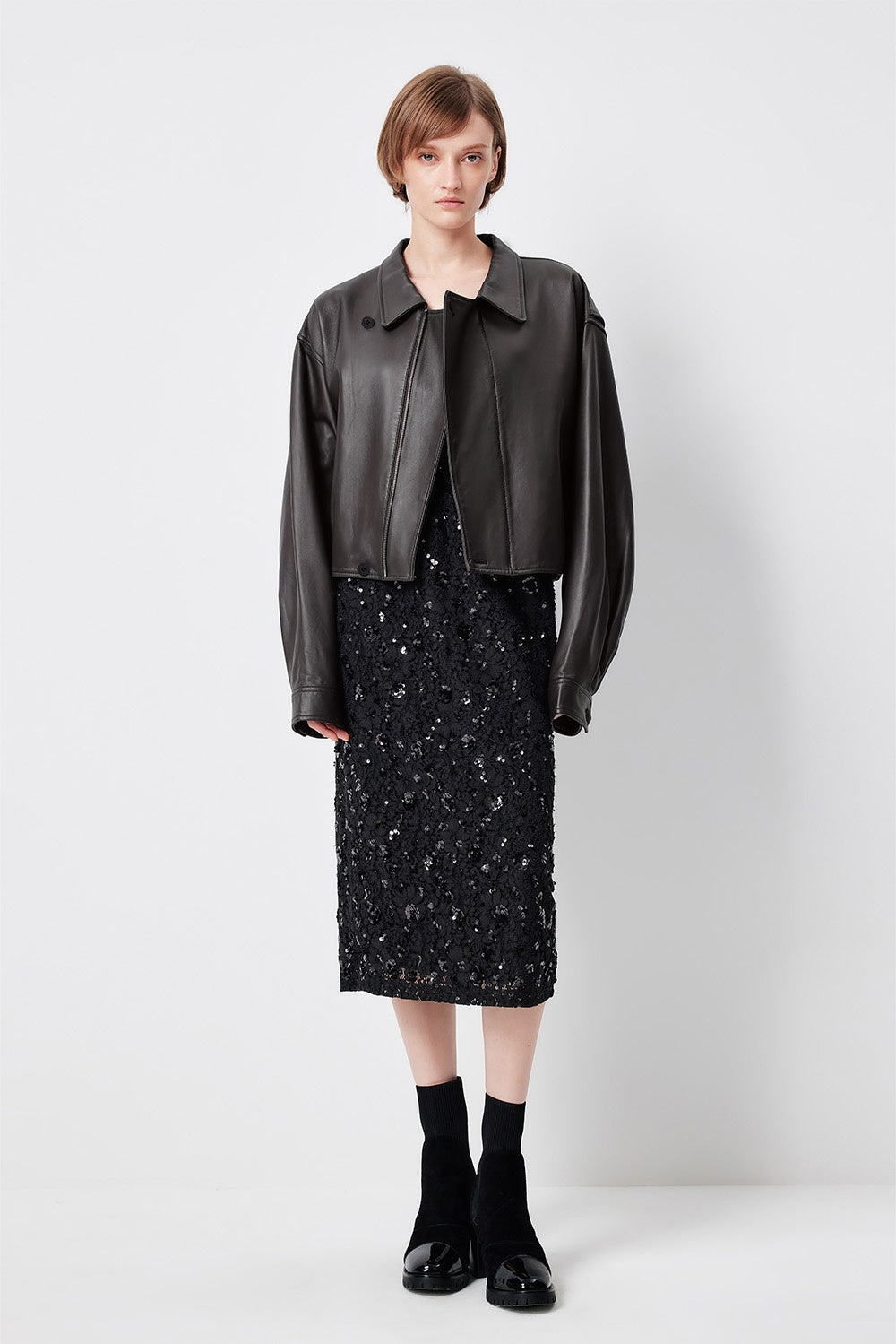 MARYLING Dark Grey Sculpted Cropped Leather Biker Jackets