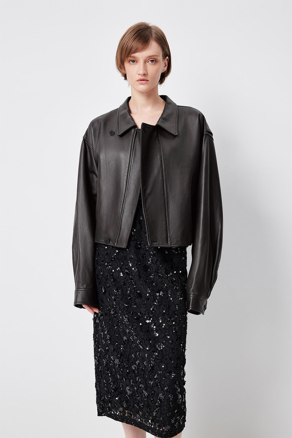 MARYLING Dark Grey Sculpted Cropped Leather Biker Jackets