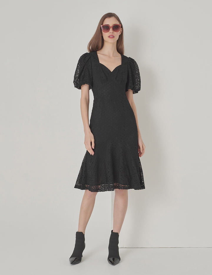 MARYLING Black Puff Sleeve Fishtail Lace Dress