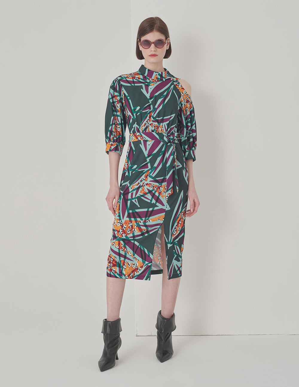 MARYLING Asymmetric Collar Cover Hip Straight Print Dress