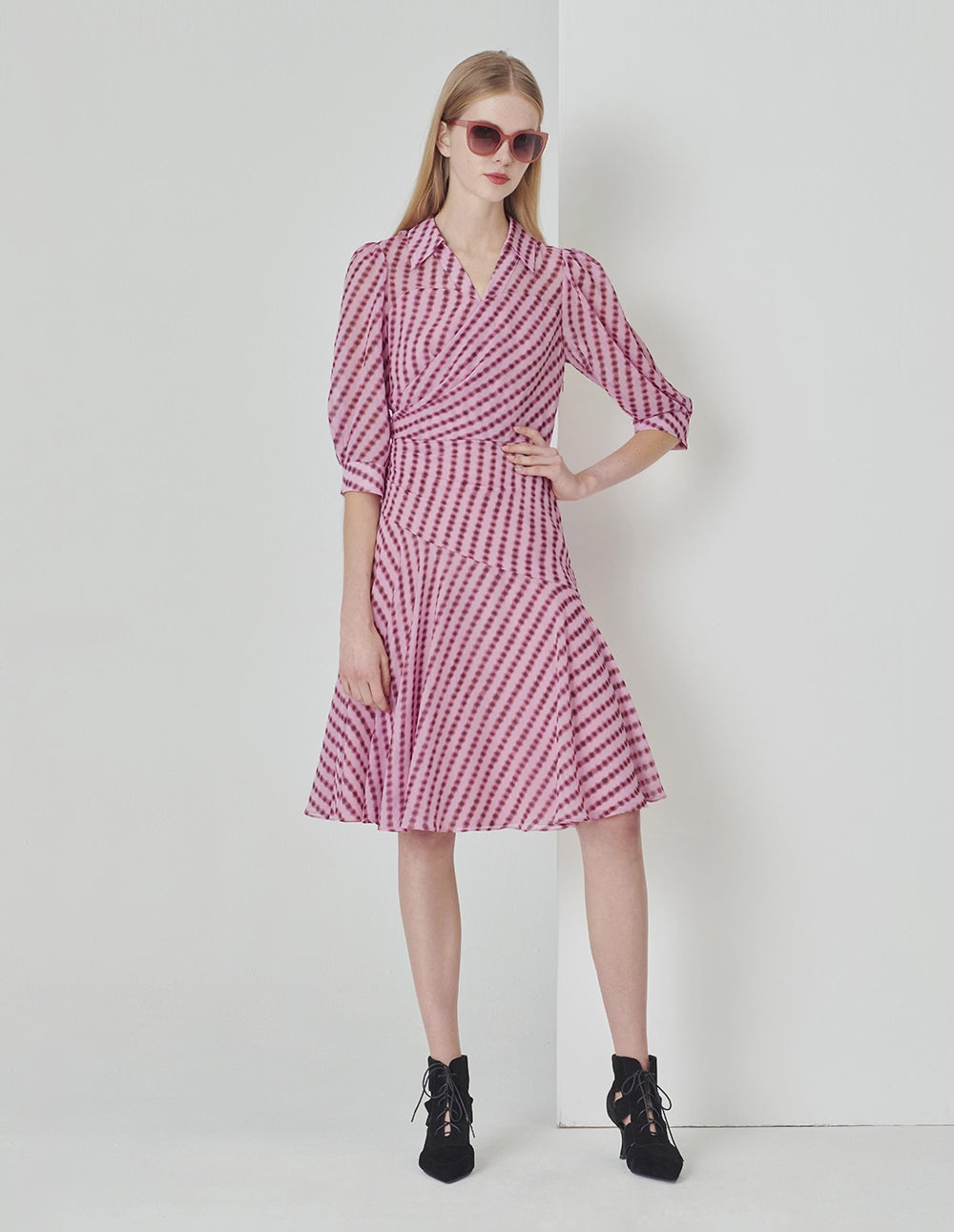 MARYLING Pink Bubble Georgette Long Sleeve Dress