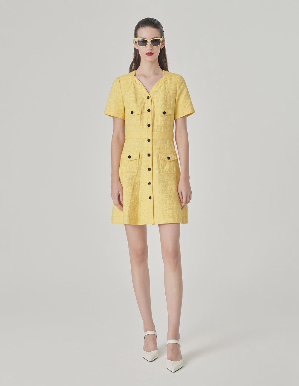 MARYLING V-Neck Short-Sleeve Letter-Logo Jacquard Dress