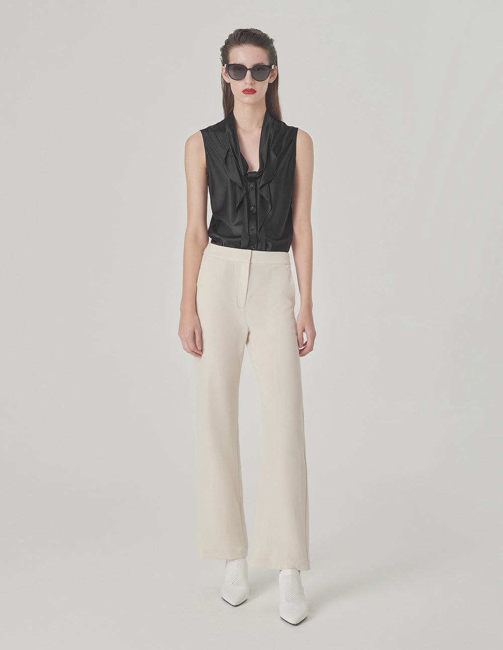 MARYLING V-Neck Silk Vest With Ruffles Chest