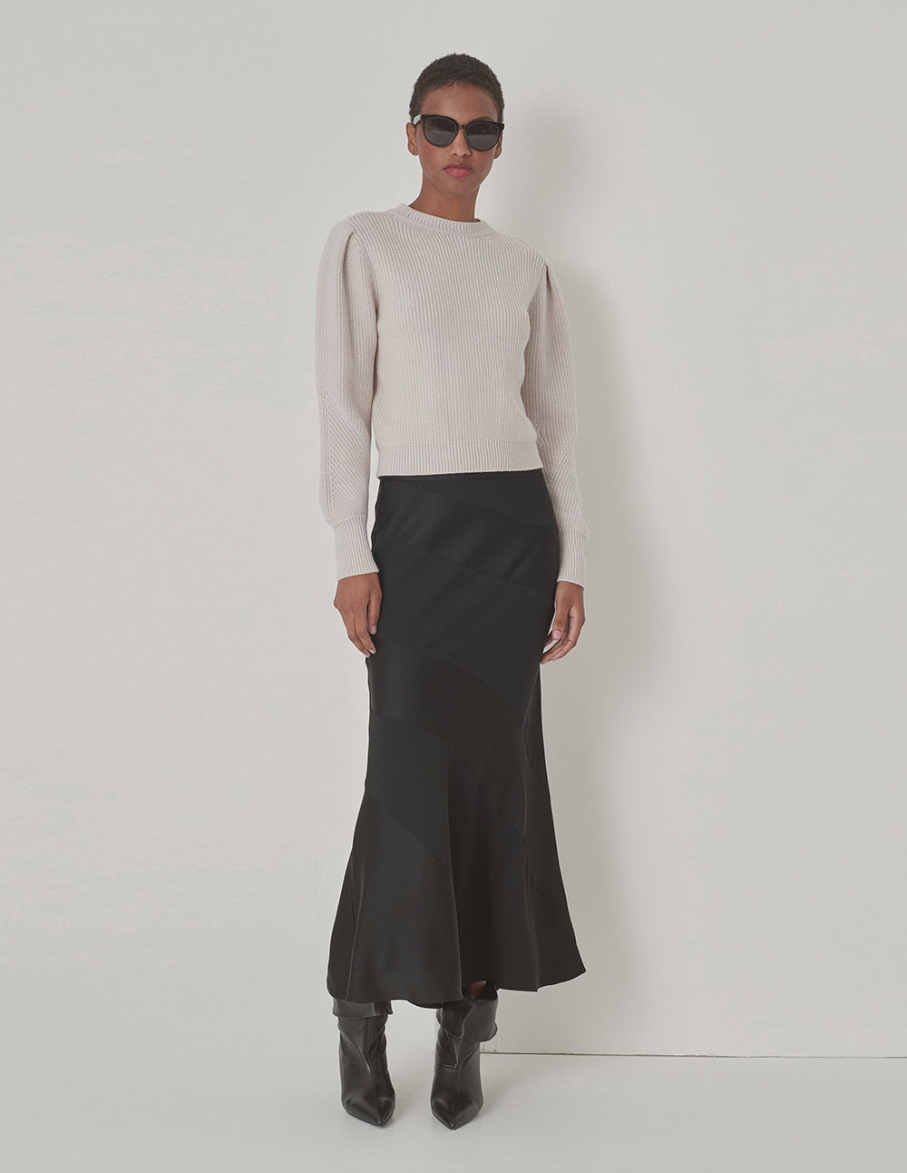 MARYLING Beige Round Neck Puff Sleeve Knitted Pullover